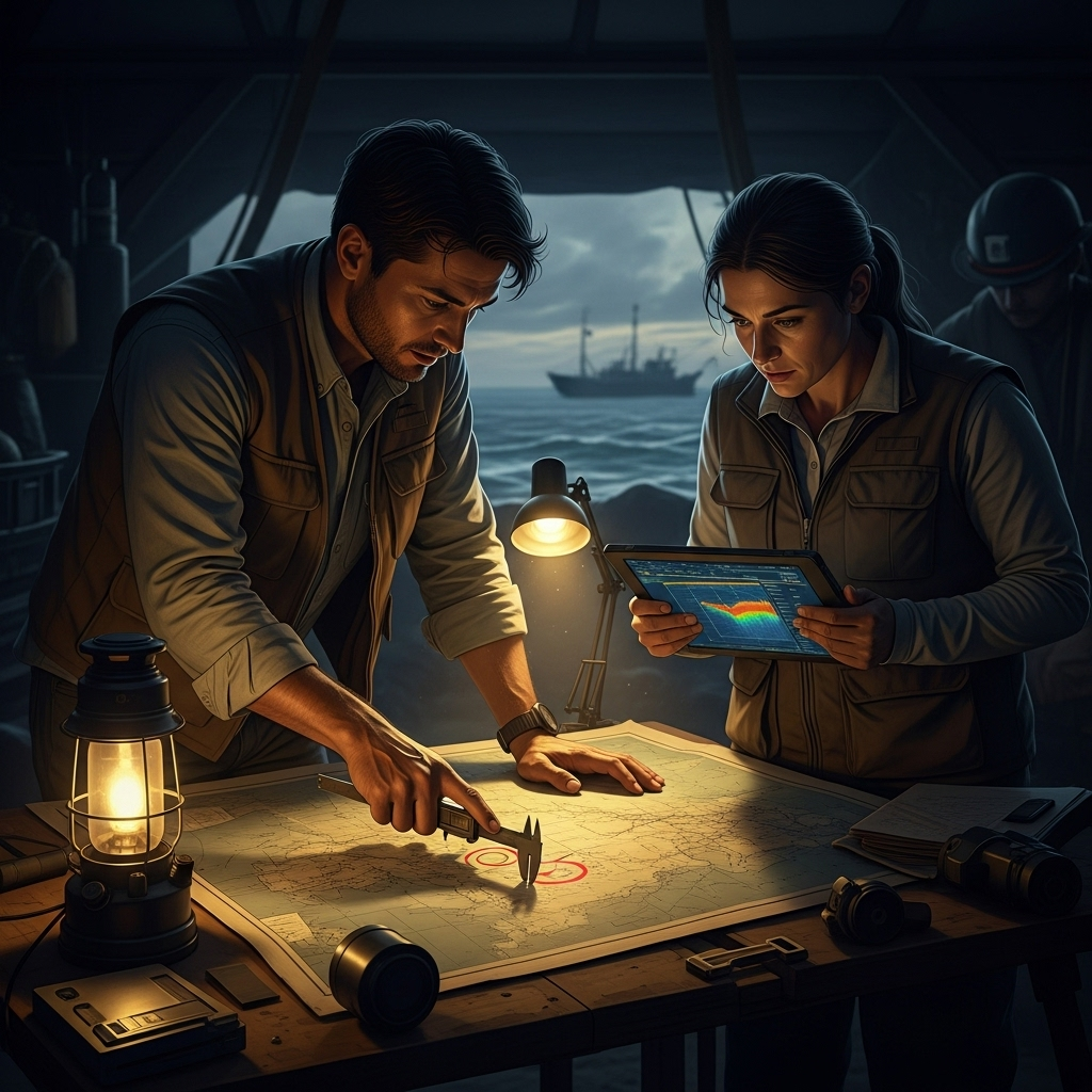 Mystery Ship: 1 Florida Man's Amazing Mud Flat Find 4 State maritime archaeologists studying a map near the site of the Florida mystery ship.