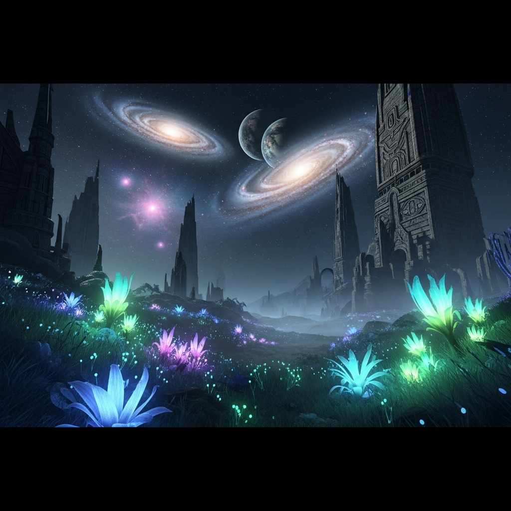 Will This Indie Game Break the Internet? The Hype is REAL! 4 A breathtaking panoramic view of an alien landscape in Aethelgard's Echo, featuring bioluminescent plants and ancient, towering structures under a starry sky.