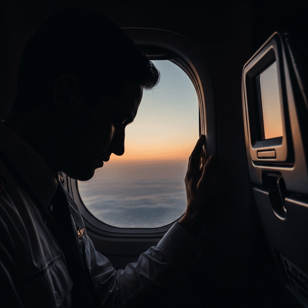 Off-Duty Pilot Pleads Guilty to 83 Counts of Endangerment 3 A silhouette of a person looking out an airplane window, representing the mental state of the off-duty pilot.