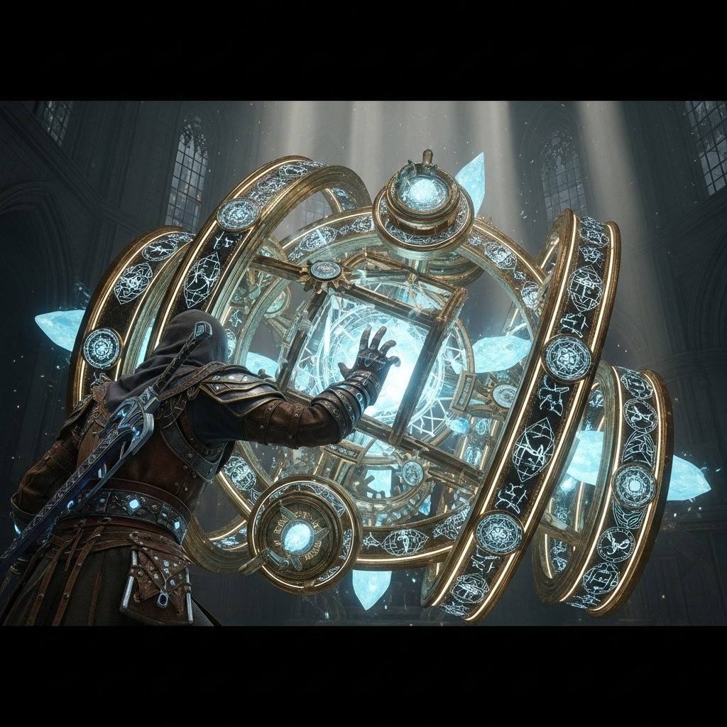 Will This Indie Game Break the Internet? The Hype is REAL! 5 A player character in Aethelgard's Echo interacting with a complex, glowing puzzle mechanism, with intricate geometric patterns and arcane symbols.