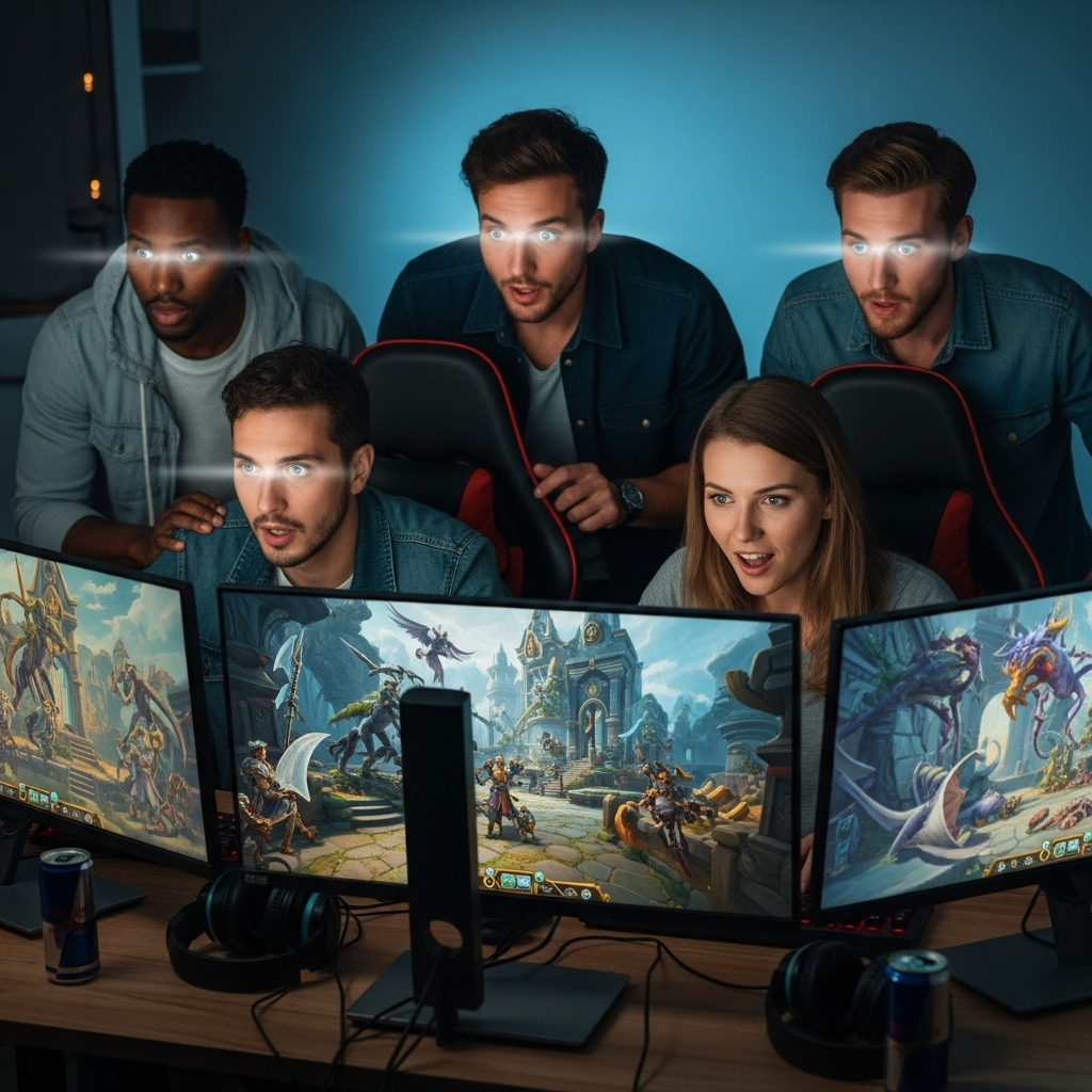 Will This Indie Game Break the Internet? The Hype is REAL! 8 A group of diverse gamers gathered around screens, excitedly playing Aethelgard's Echo, with expressions of awe and engagement on their faces.
