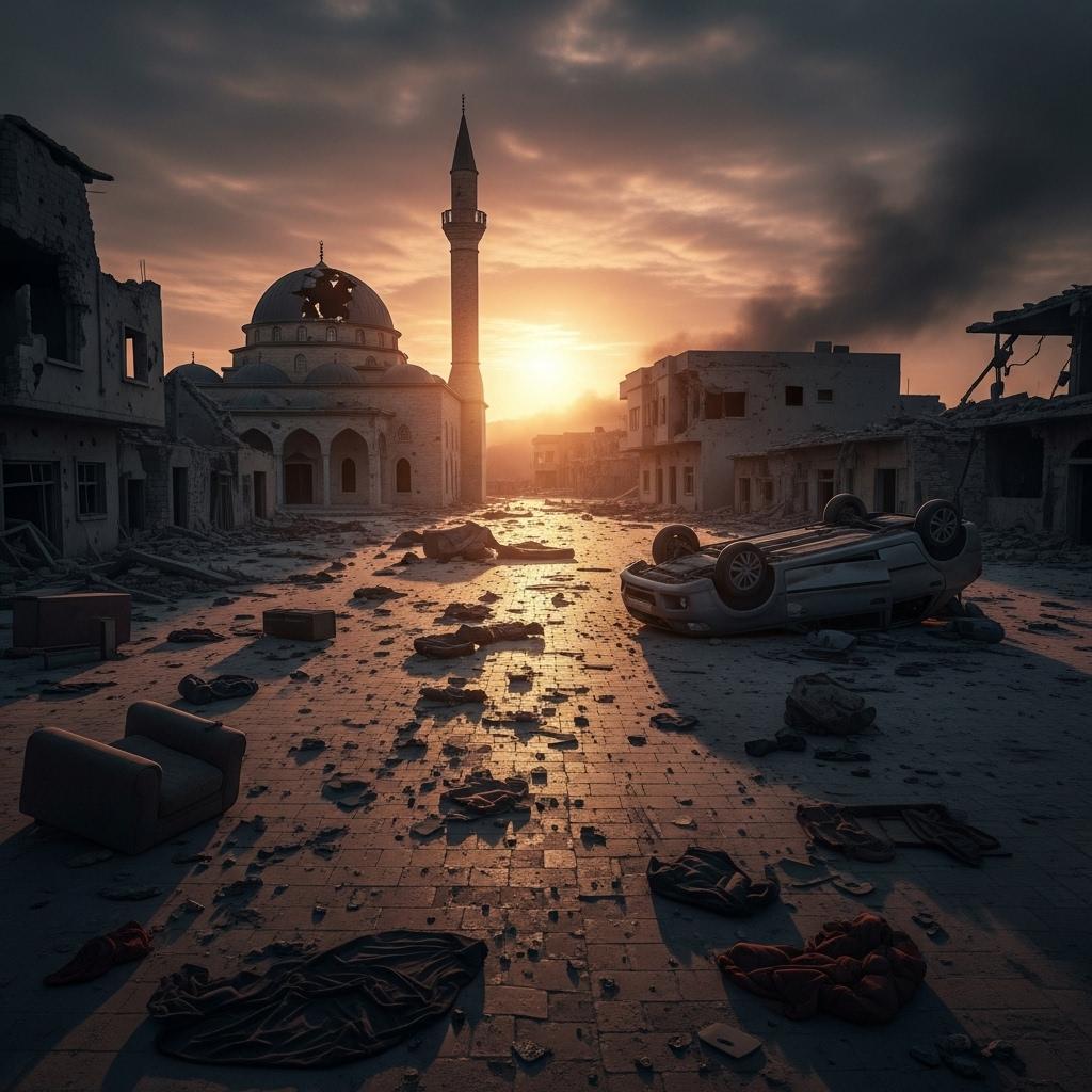 ISIS-Linked Terrorists Kill 20+ at Christian Funeral 2 The aftermath of the attack by isis-linked terrorists shows a deserted village square with debris.