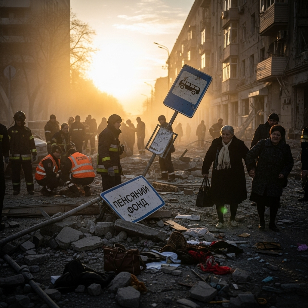 Pension Queue Struck: 23 Killed in Ukraine by Russia 2 The aftermath of the missile strike on the pension queue in Ukraine, with emergency responders on site.