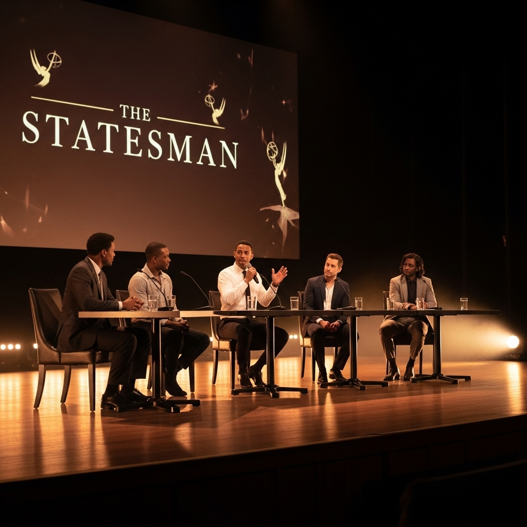 Emmy-Winning Series Skips 2016 Election in Latest Season 2 The cast of the emmy-winning series 'The Statesman' on a panel discussion stage.