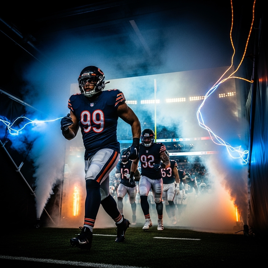 Electric Tone: 1 Anthem Sends Bears Fans Into a Frenzy 4 The Chicago Bears players running out of the tunnel through smoke, with the image having a filter suggesting an electric tone and high energy.