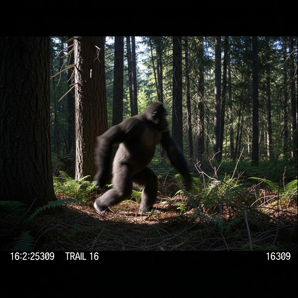 Missouri Creek Trail Cam: 1 New Photo of Bigfoot? 2 The controversial trail cam photo from the Missouri Creek area showing a blurry, ape-like figure moving through the trees.