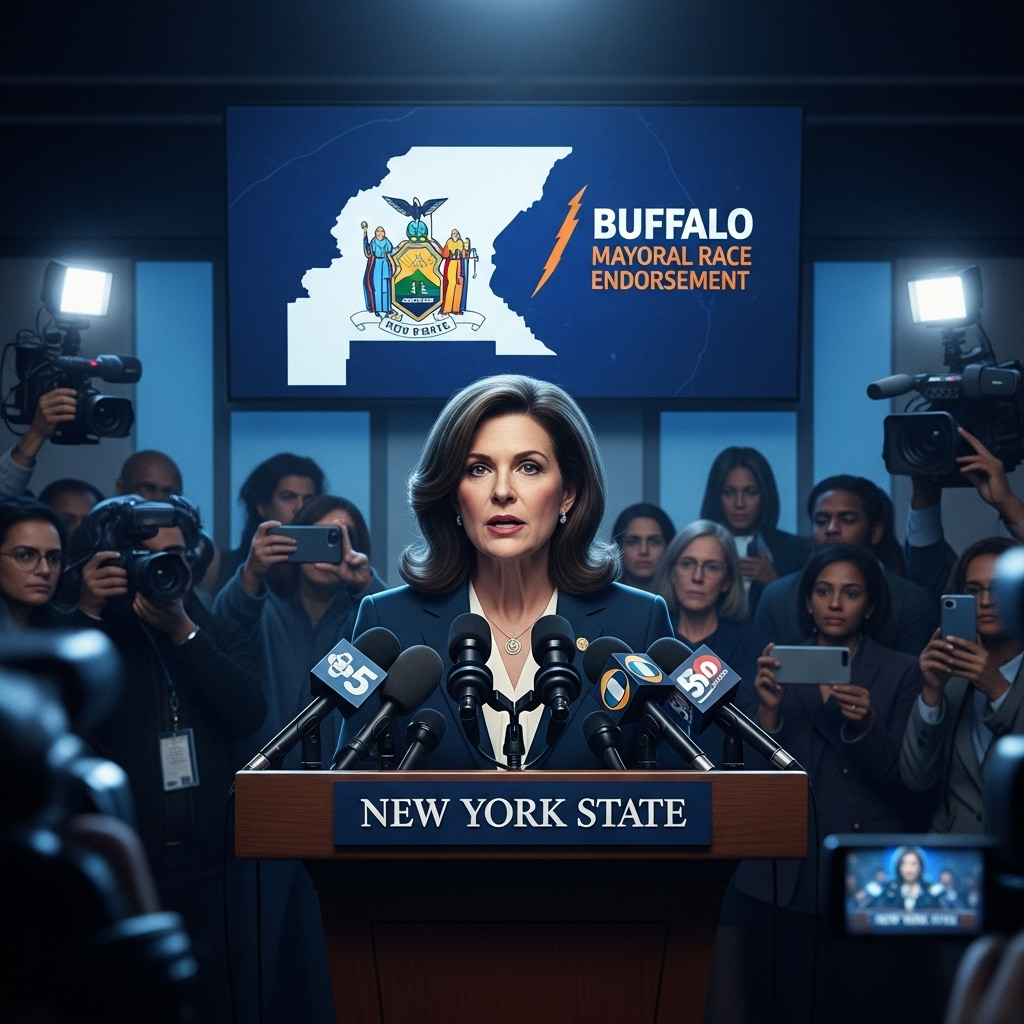 new york governor Backs 1 'Communist' Mayoral Hopeful 2 The current new york governor speaking at a press conference about the Buffalo mayoral race endorsement.