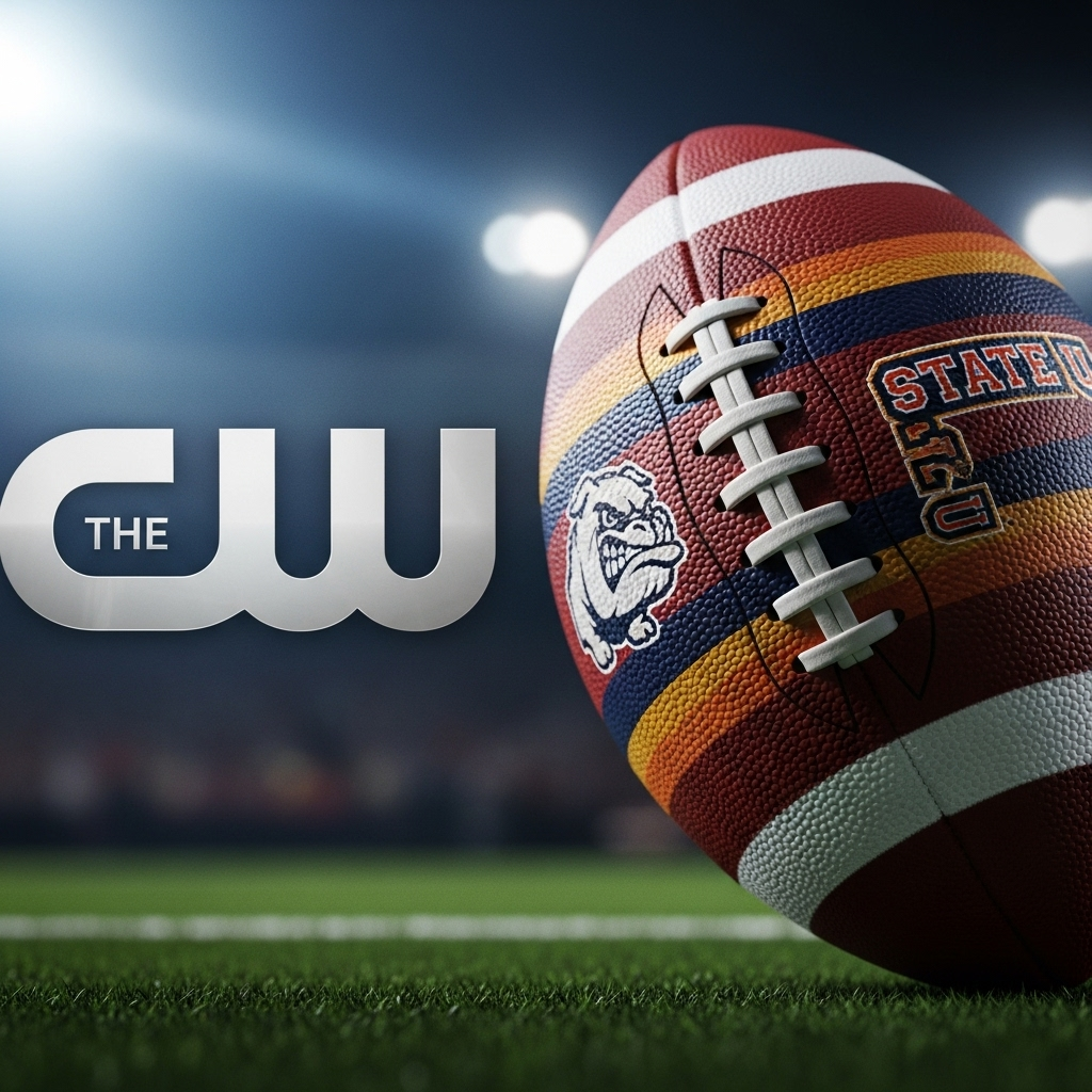 cw profile grows with top 25 college football matchup 2 The CW logo juxtaposed with a college football, symbolizing the growing cw profile in sports.