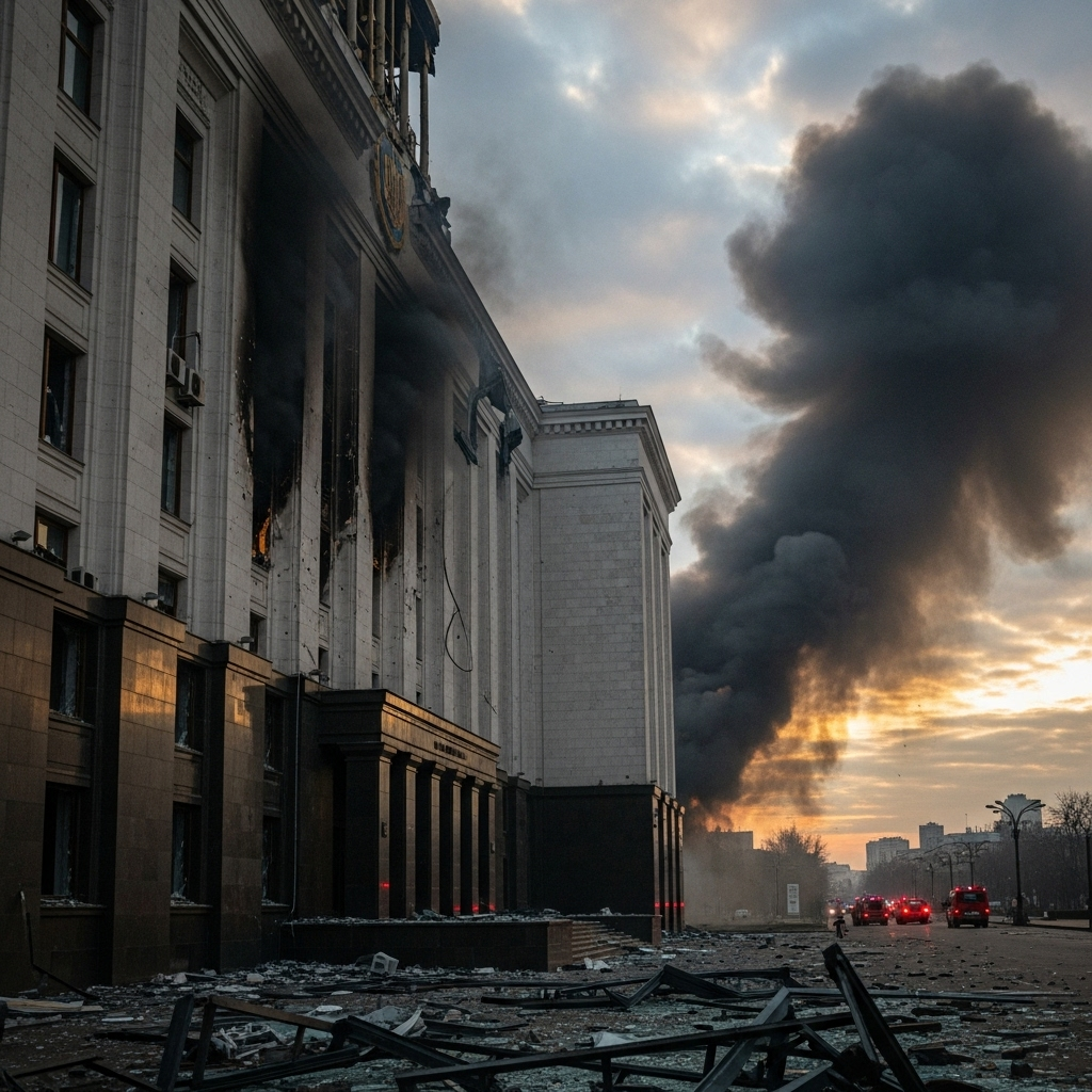 Missile Strike: 12 Photos Inside Kyiv's Gov Building 2 The exterior of the Kyiv government building shows smoke billowing after the missile strike.