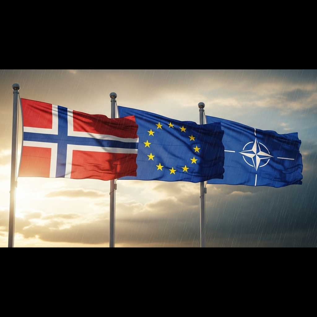 Tight Vote: 1 Major Outcome of Norway's Election 5 The flags of Norway, the European Union, and NATO flying together.