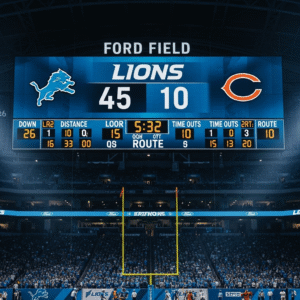 the ford field scoreboard showing the lions impressive score on their way to 52 points 0