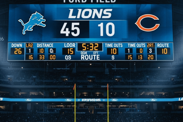 the ford field scoreboard showing the lions impressive score on their way to 52 points 0