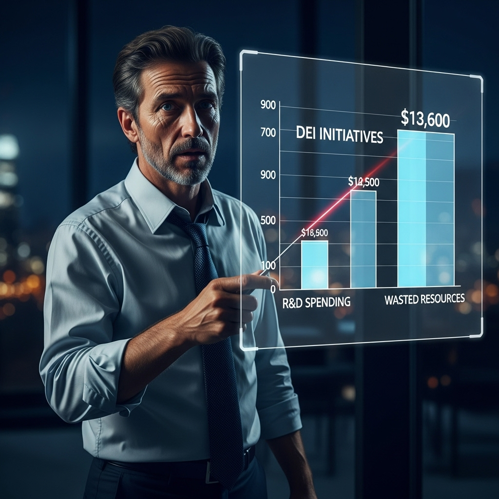 Former tech insider: 3 ways 'woke virus' damaged USA 4 The former tech insider illustrates wasted resources on a chart, comparing R&D spending to DEI initiatives.