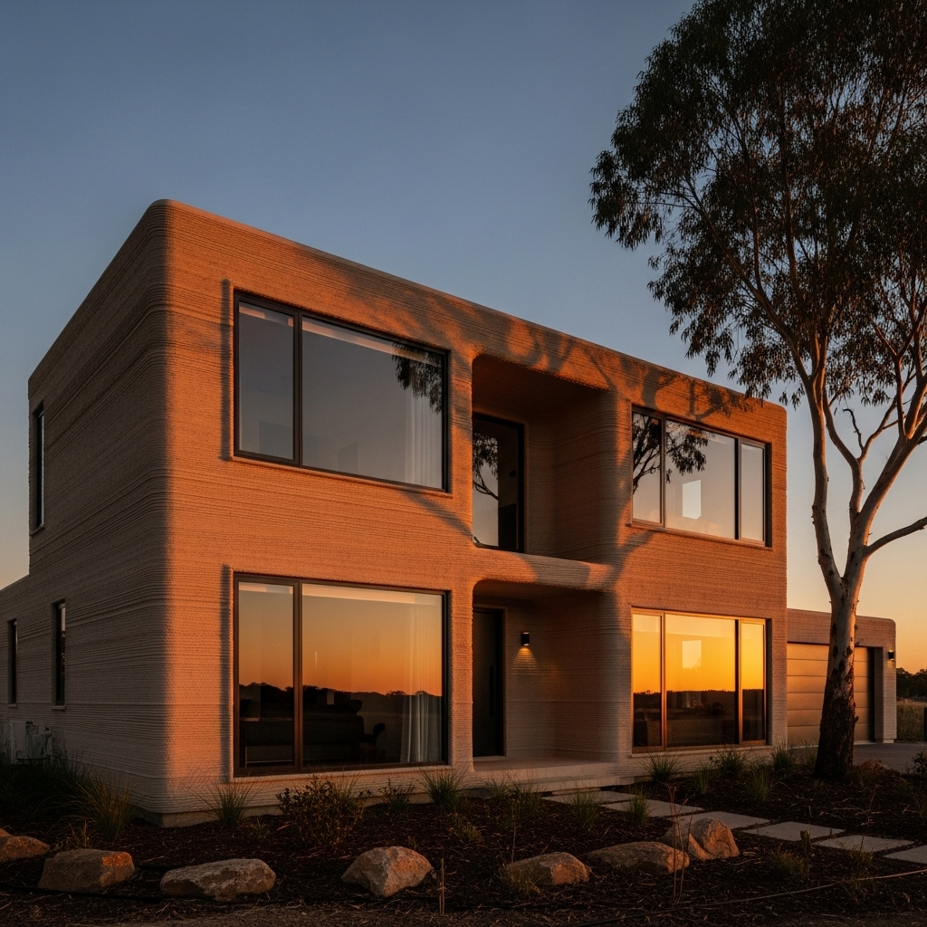 first multi-story 3d home in Australia built in 5 months 2 The full exterior view of the first multi-story 3d printed home in Australia, showcasing its two levels.