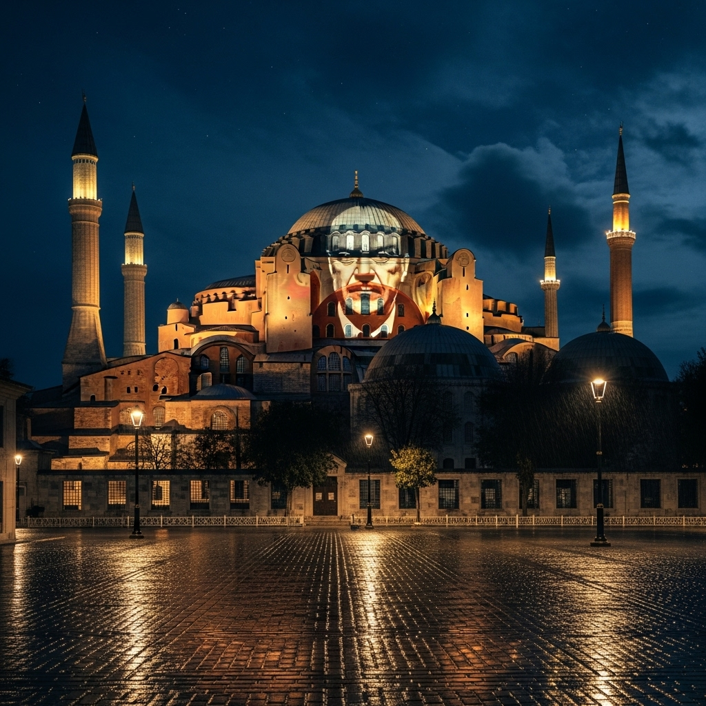 Turkey's 'Tough Guy' President: 5 Moves Under Scrutiny 3 The Hagia Sophia Grand Mosque illuminated at night, a controversial move by Turkey's 'tough guy' president.