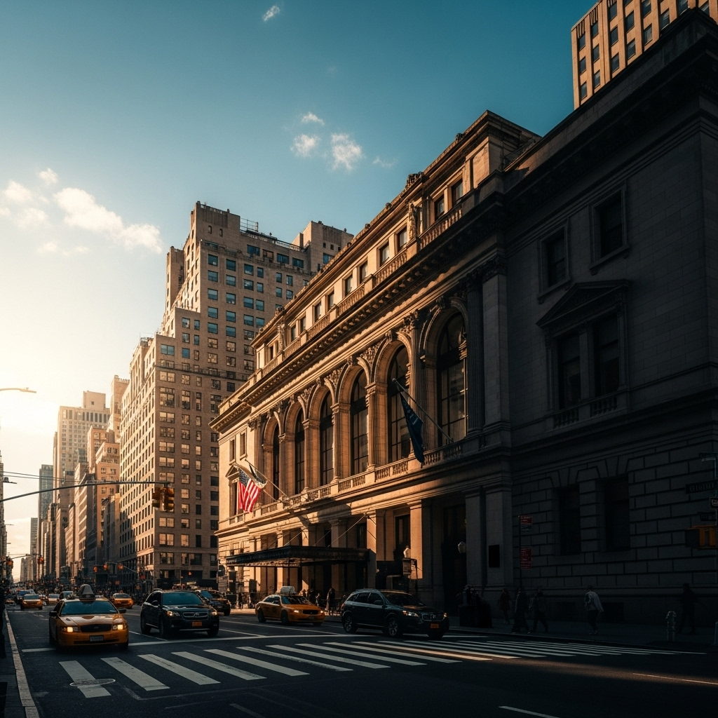 57th Street: 5 Must-See Landmarks on Billionaires' Row 3 The historic facade of Carnegie Hall on a sunny day on 57th street in NYC.