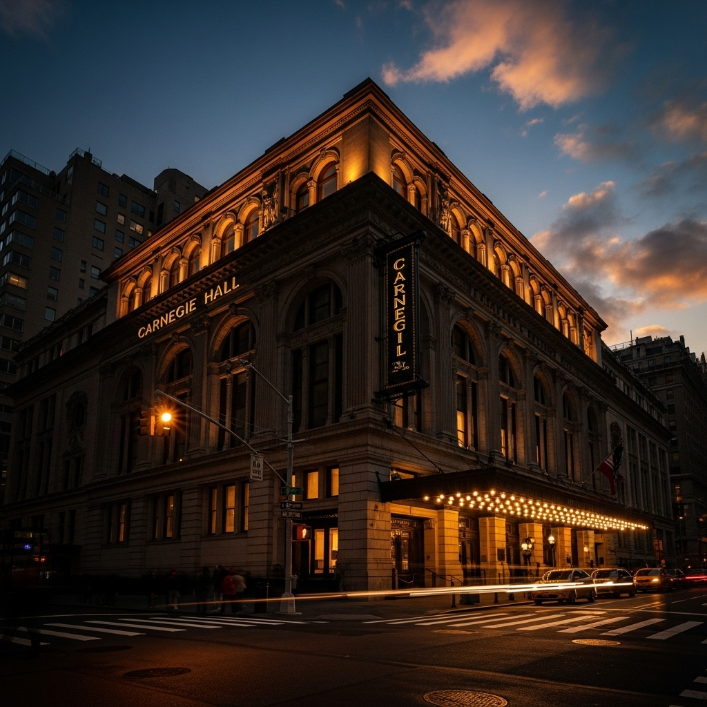 57th Street: Your 2024 Guide to Billionaires' Row 3 The historic facade of Carnegie Hall on the corner of 57th Street and Seventh Avenue.