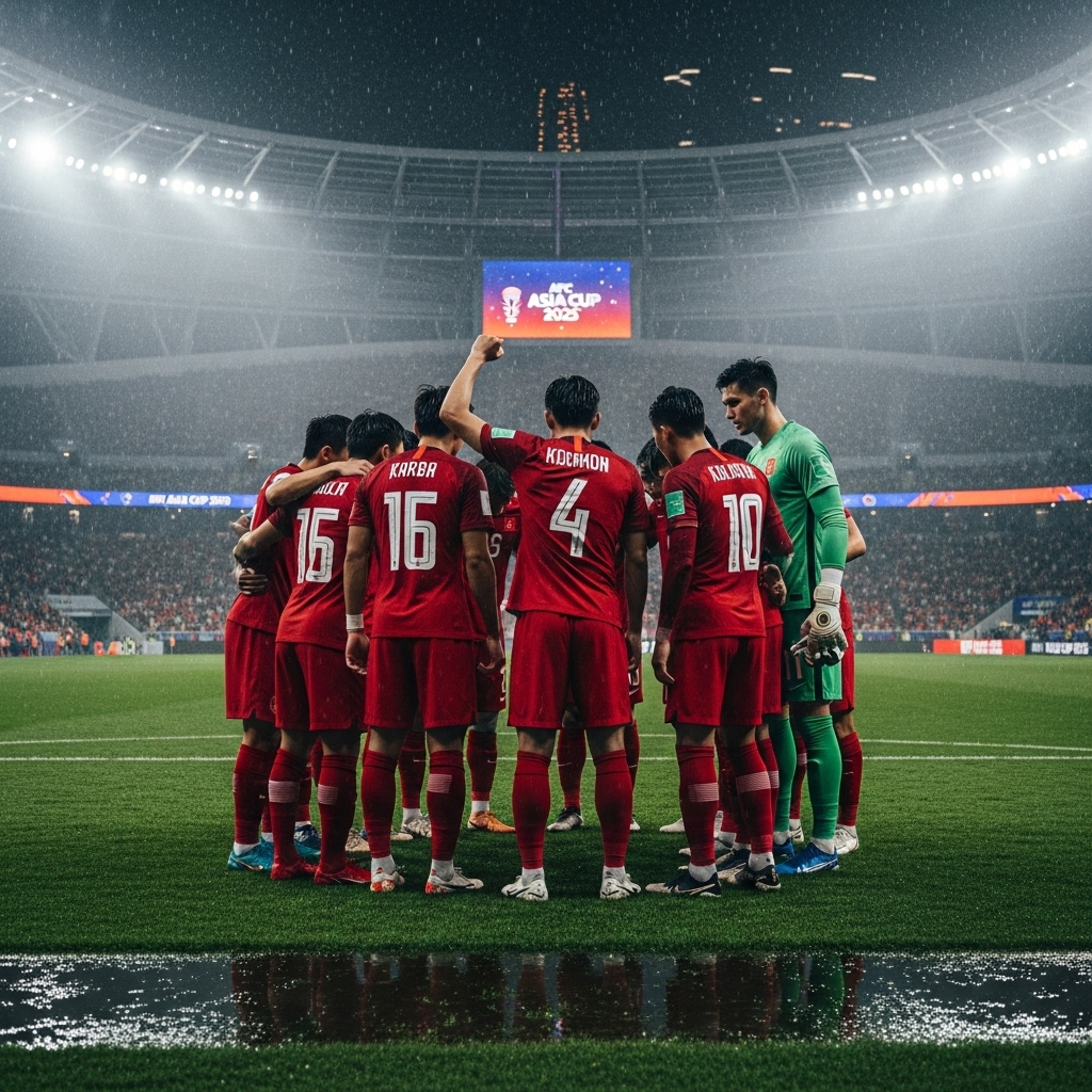 Hong Kong's Crushing Defeat in Asia Cup 2025 Opener 2 The Hong Kong football team huddles on the pitch during the Asia Cup 2025.