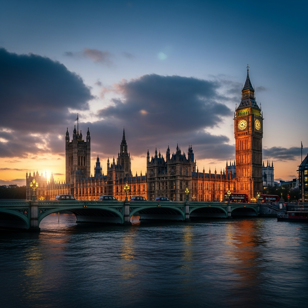 uk government response to 70K rally slammed by watchdog 4 The Houses of Parliament at dusk, where the political future of the uk government response will be decided.