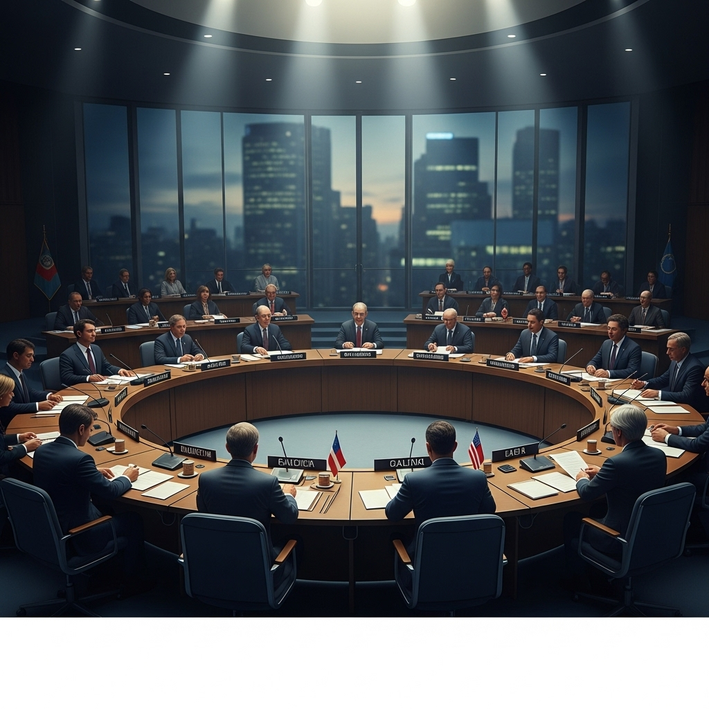 Top council backs 3 new IAEA inspections in Iran push 2 The IAEA top council in session, with delegates from various countries seated at a large circular table.