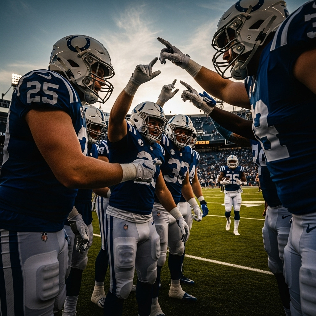 incredible colts debut: 3 TDs Silence Giants Critics 3 The Indianapolis Colts offensive line celebrating a big run by Leo Vance.