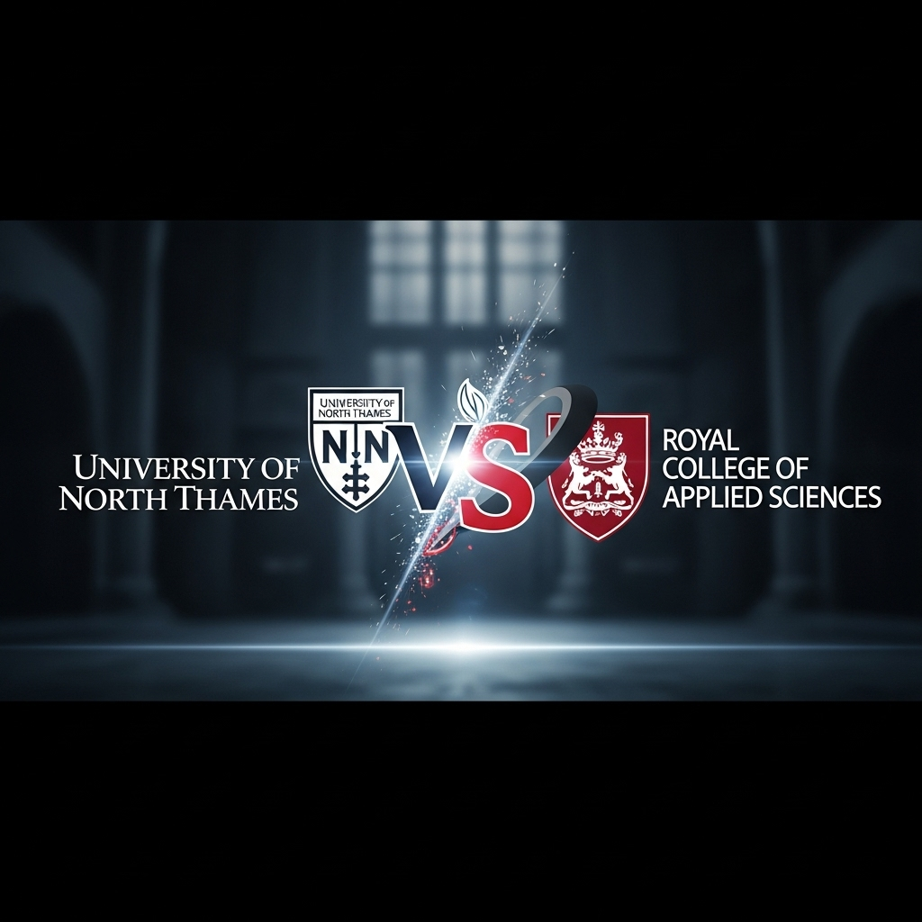 Two merge to form UK's 1st 'super-university' by 2026 2 The logos of the University of North Thames and the Royal College of Applied Sciences are shown side-by-side, illustrating how the two merge.