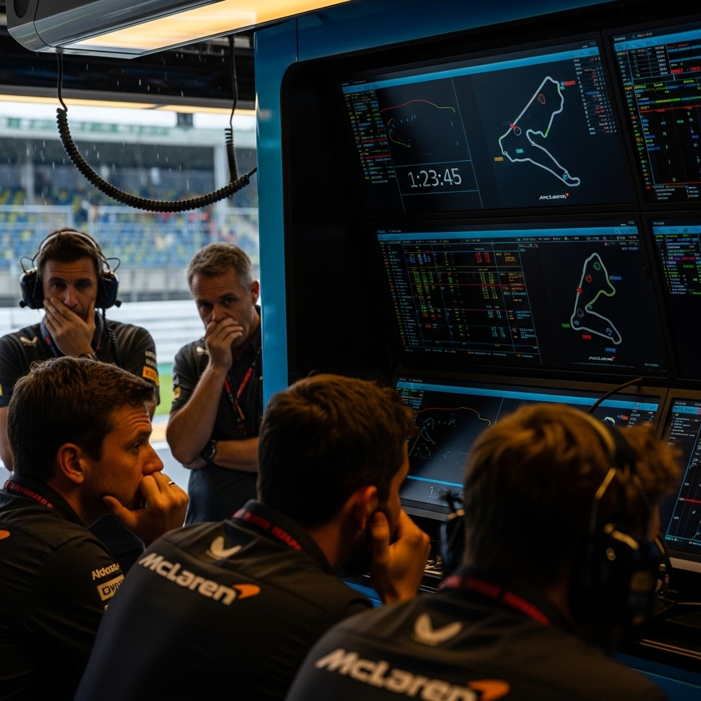 Own controversy: McLaren's 1 big mistake in the title fight 1 The McLaren pit wall looking concerned, a moment that sparked their own controversy and cost them the race win.
