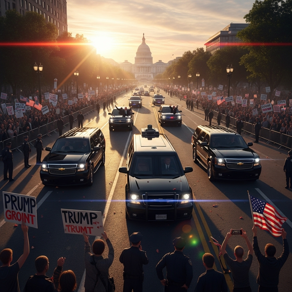 President Trump Dines in DC, Faces Down 100s of Protesters 4 The motorcade of President Trump departing from the scene as crowds of protesters and supporters look on.