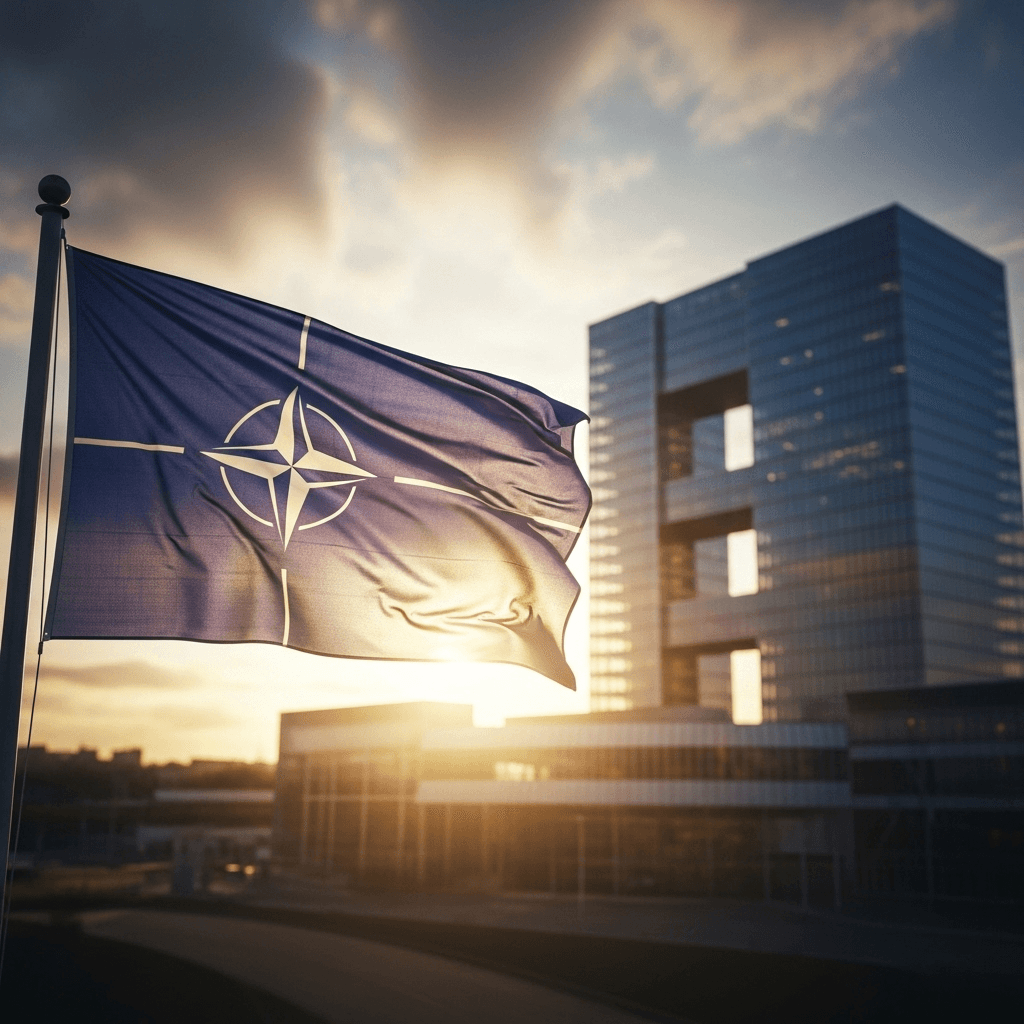 Former US VP: 1 Big Warning on Russia Crossing NATO Border 3 The NATO flag waving in front of its headquarters, a symbol of the alliance referenced by the former us vp.