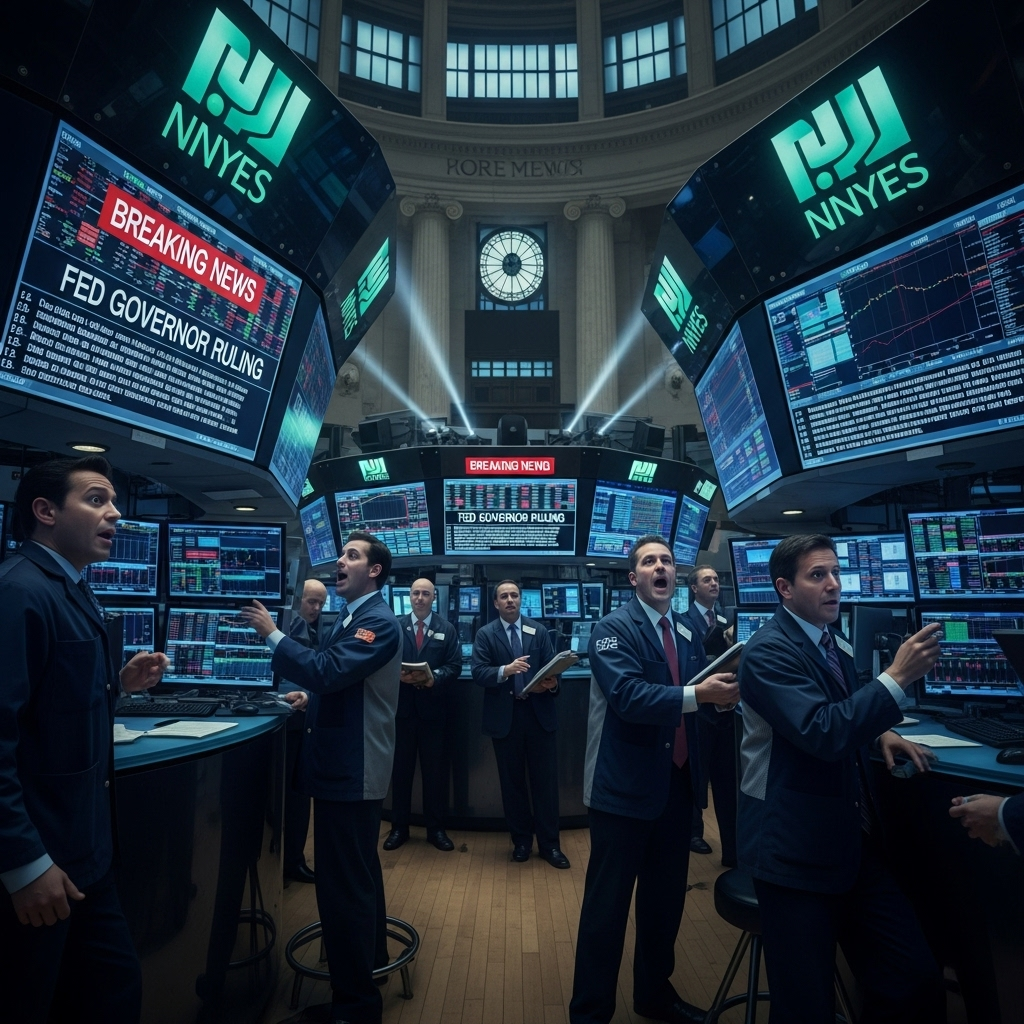 fed governor Lisa Cook: 1 Key Ruling on Trump's Ouster Bid 4 The New York Stock Exchange floor with traders looking at screens, reacting to the news about the fed governor ruling.