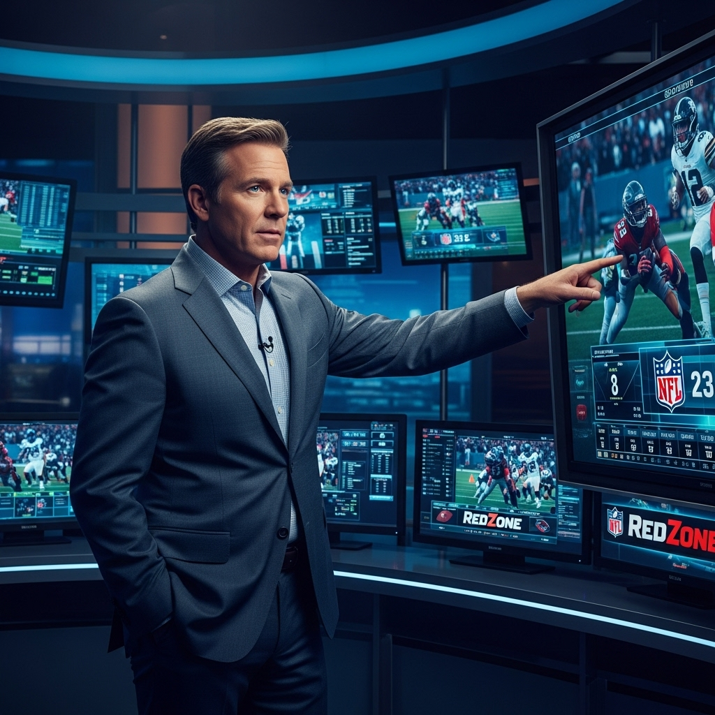 'NFL RedZone' host' makes 1 plea after Kirk 'assassination' 3 The 'NFL RedZone' host Scott Hanson in the studio, pointing at one of the many screens behind him.