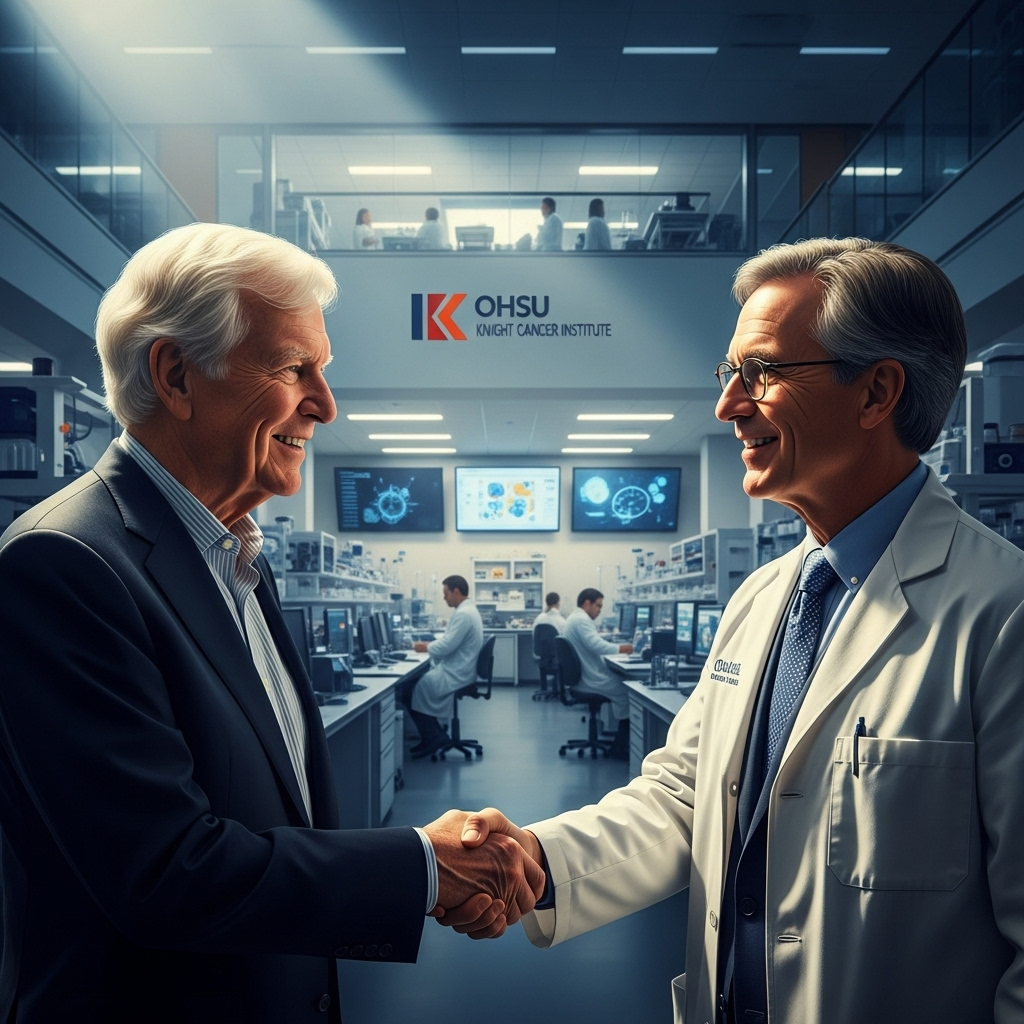 Nike founder Phil Knight donates $2B to cancer site 4 The Nike founder Phil Knight shaking hands with Dr. Brian Druker of the OHSU Knight Cancer Institute.