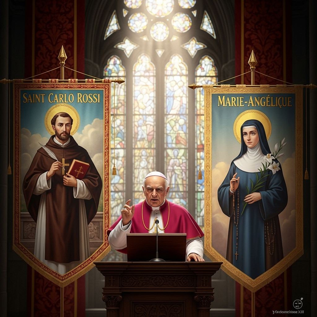 pope leo canonizes 2 new saints, including millennial 3 The official banner of Saint Carlo Rossi hangs next to one of Saint Marie-Angélique as Pope Leo speaks.