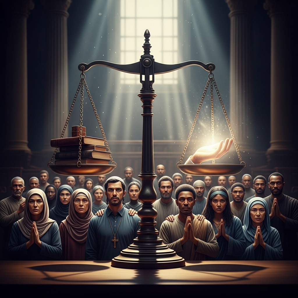 Religious Liberty: 5 Ways to Defend This Core US Right 3 The scales of justice with a diverse group of people, symbolizing the legal defense of religious liberty.