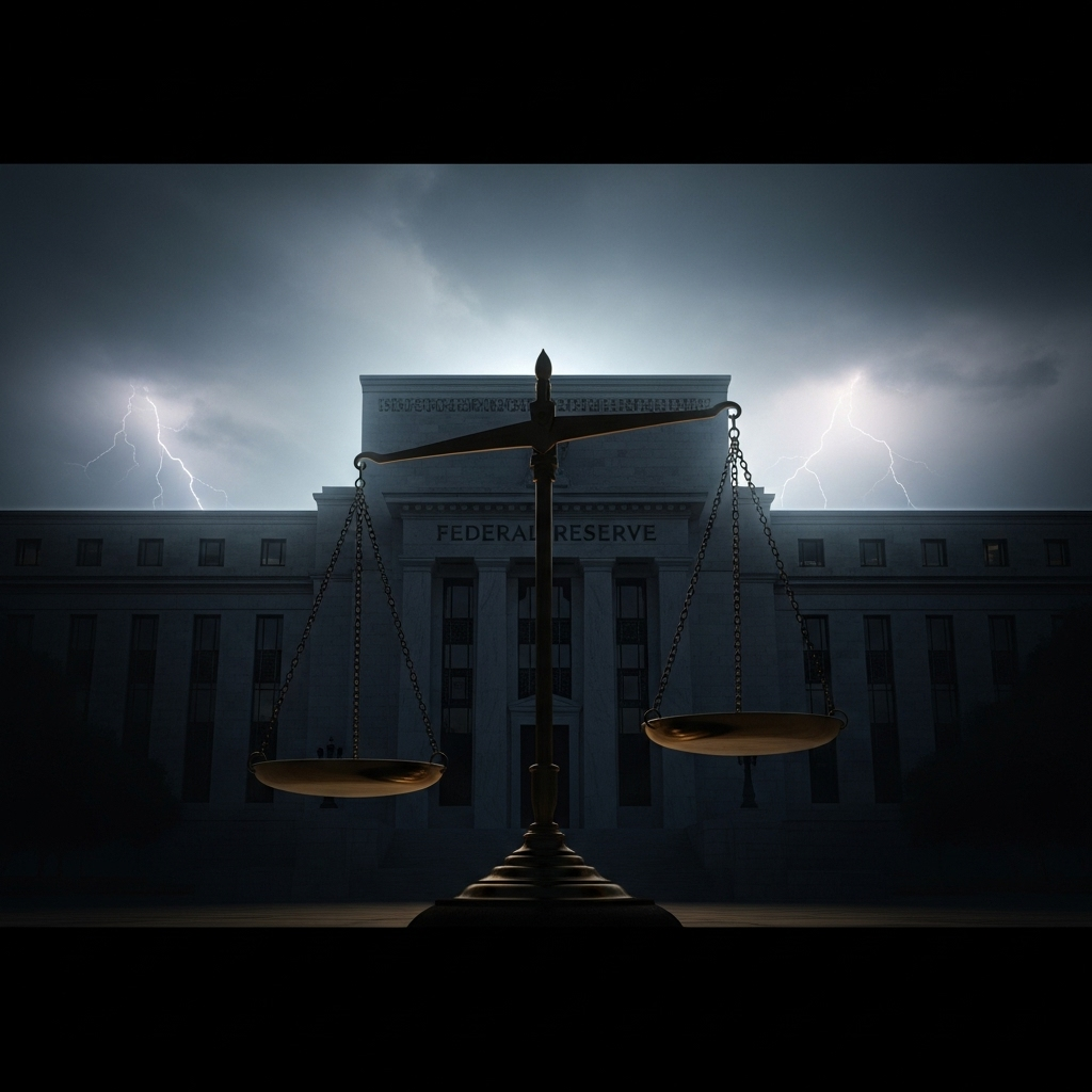 Emergency Ruling: DoJ Seeks to Oust 1 Fed Board Member 2 The scales of justice with the Federal Reserve building in the background, symbolizing the legal challenge of the emergency ruling.