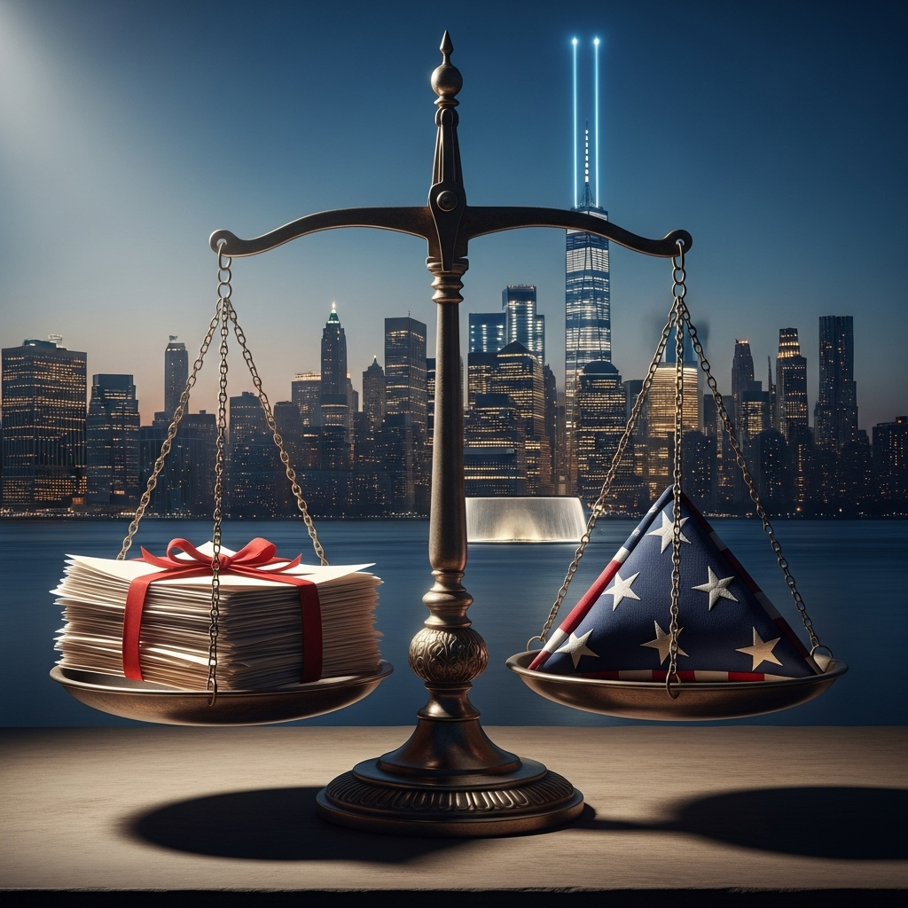 'Historic' ruling: 9/11 families get major legal win 2 The scales of justice with the New York skyline in the background, symbolizing the 'historic' ruling for 9/11 families.