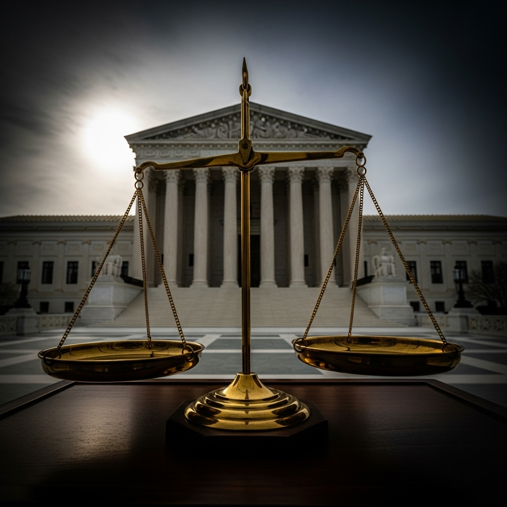 US Supreme Court: 5-4 Ruling on Controversial Raids 3 The scales of justice with the US Supreme Court building blurred in the background.