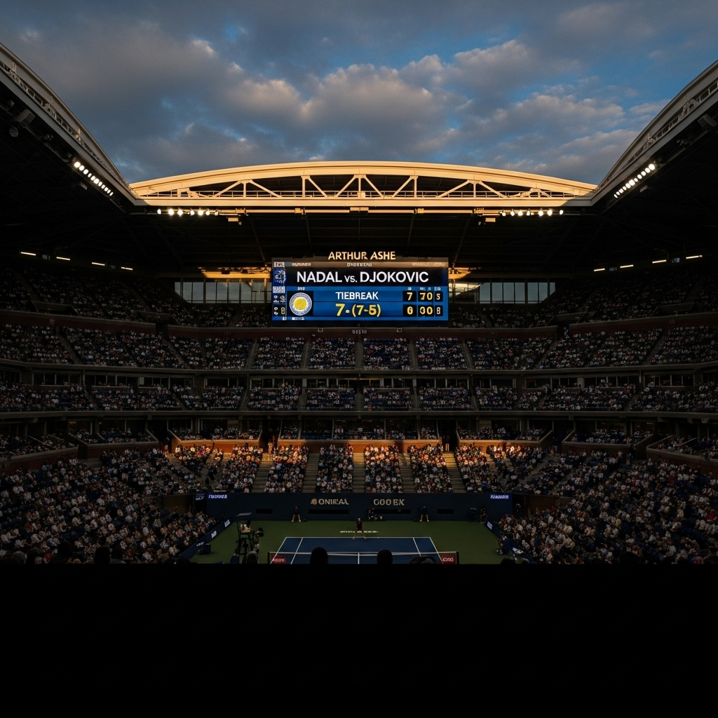 Four Sets: Alcaraz Claims 1st US Open in Epic Final 3 The scoreboard at Arthur Ashe Stadium showing the pivotal third-set tiebreak result in the four-set final.