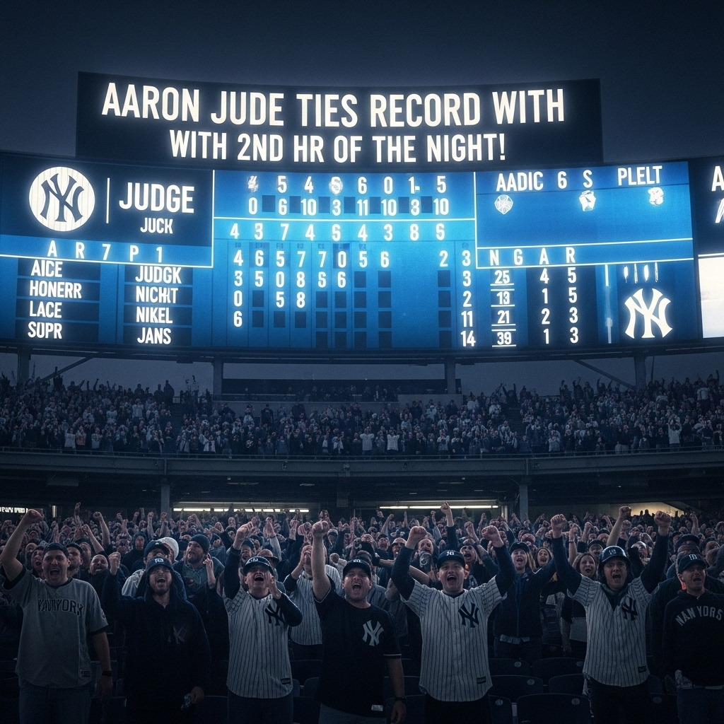 2-hr night: Judge's 2 homers tie Yankee great DiMaggio 3 The scoreboard celebrates Aaron Judge's record-tying second home run on his 2-hr night.