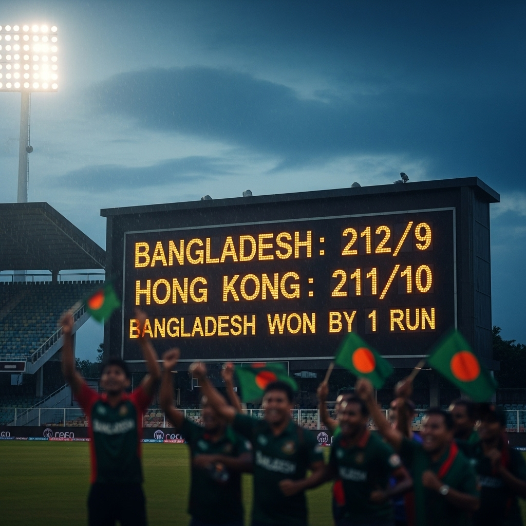 Hong Kong Shock Averted: Litton Das' 50+ Saves Bangladesh 4 The scoreboard showing Bangladesh's narrow victory, averting a massive hong kong shock.