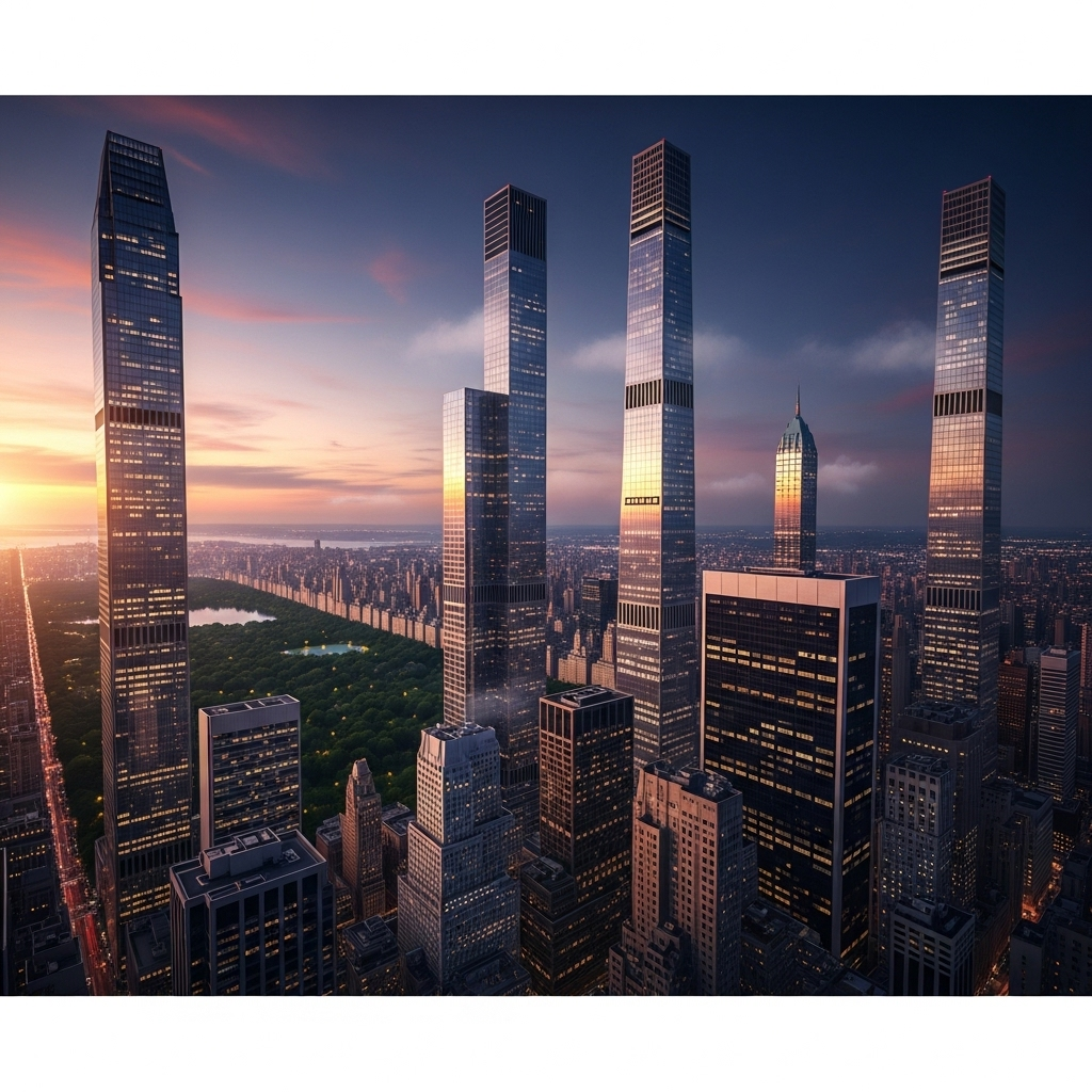 57th Street: 5 Reasons It's NYC's Billionaires' Row 2 The supertall skyscrapers of 57th Street piercing the NYC skyline near Central Park.