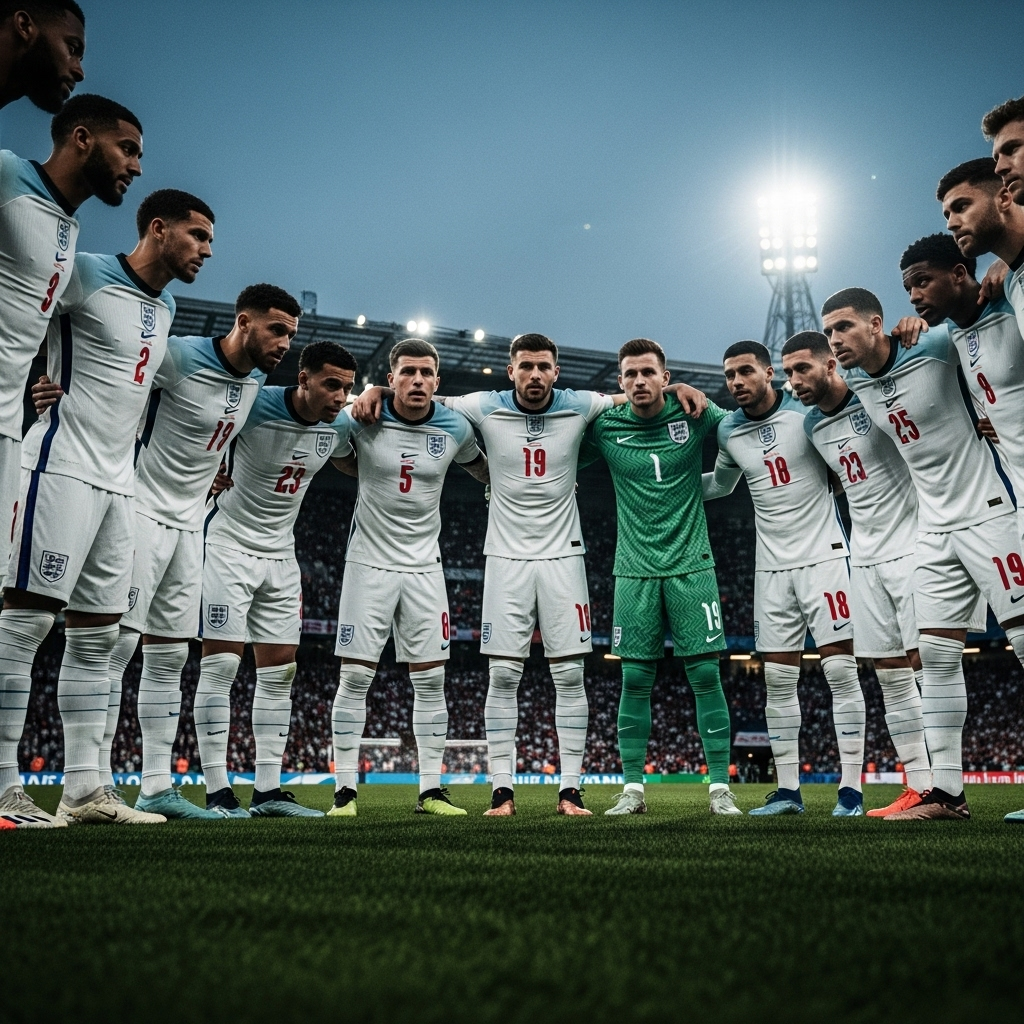 Three Lions: 1 Change as Rogers Starts vs Serbia 4 The Three Lions squad huddle together on the pitch before a big international match.