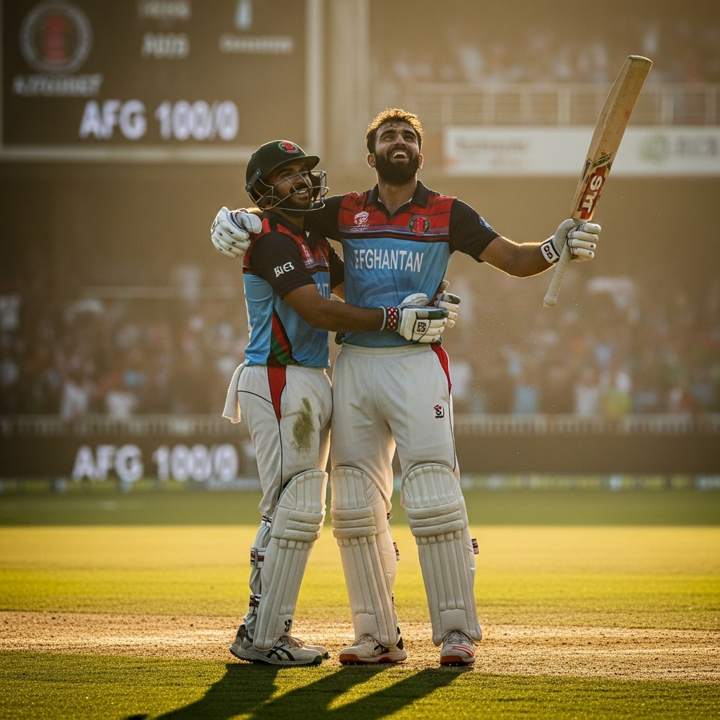 cricket opener: Afghanistan dominate Hong Kong in 2025 3 The two Afghanistan cricket opener batsmen celebrating their century partnership.