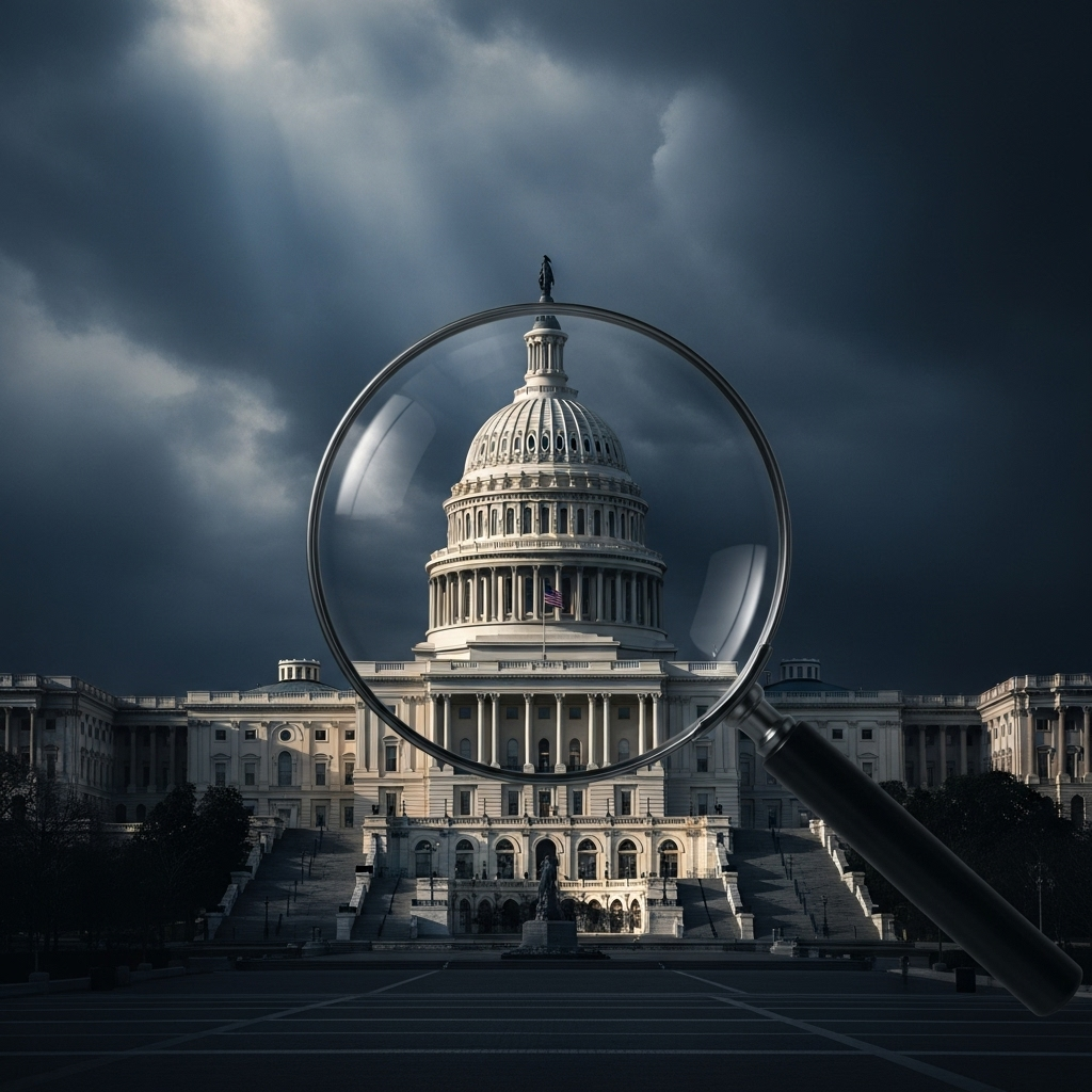 Epstein's Connections: 100s of Documents Under GOP Scrutiny 4 The U.S. Capitol building with a magnifying glass over it, symbolizing the scrutiny of Epstein's connections by the GOP.