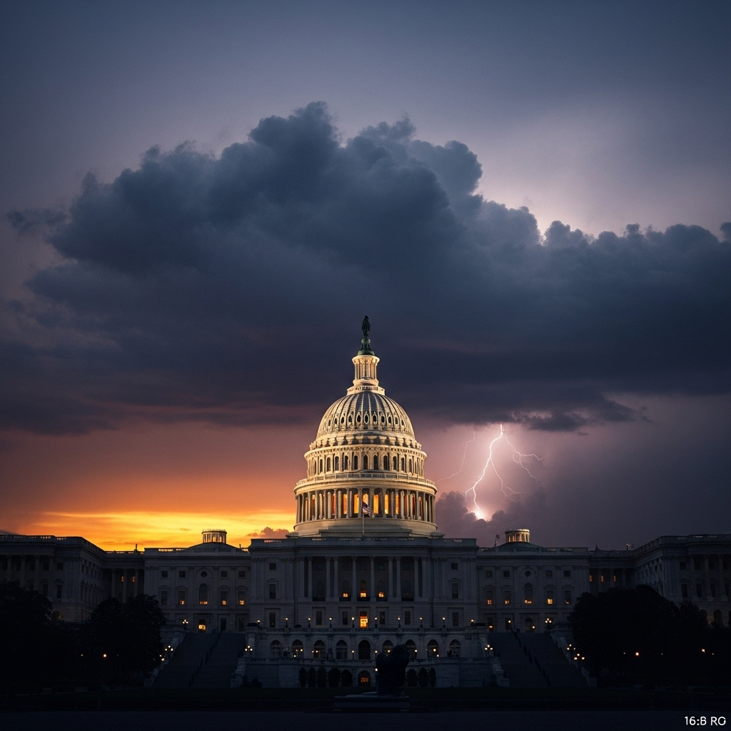 Ominous Turn: 1 Reagan Speechwriter on Political Violence 4 The U.S. Capitol dome at dusk with storm clouds gathering, symbolizing the ominous turn and the challenges facing American democracy.