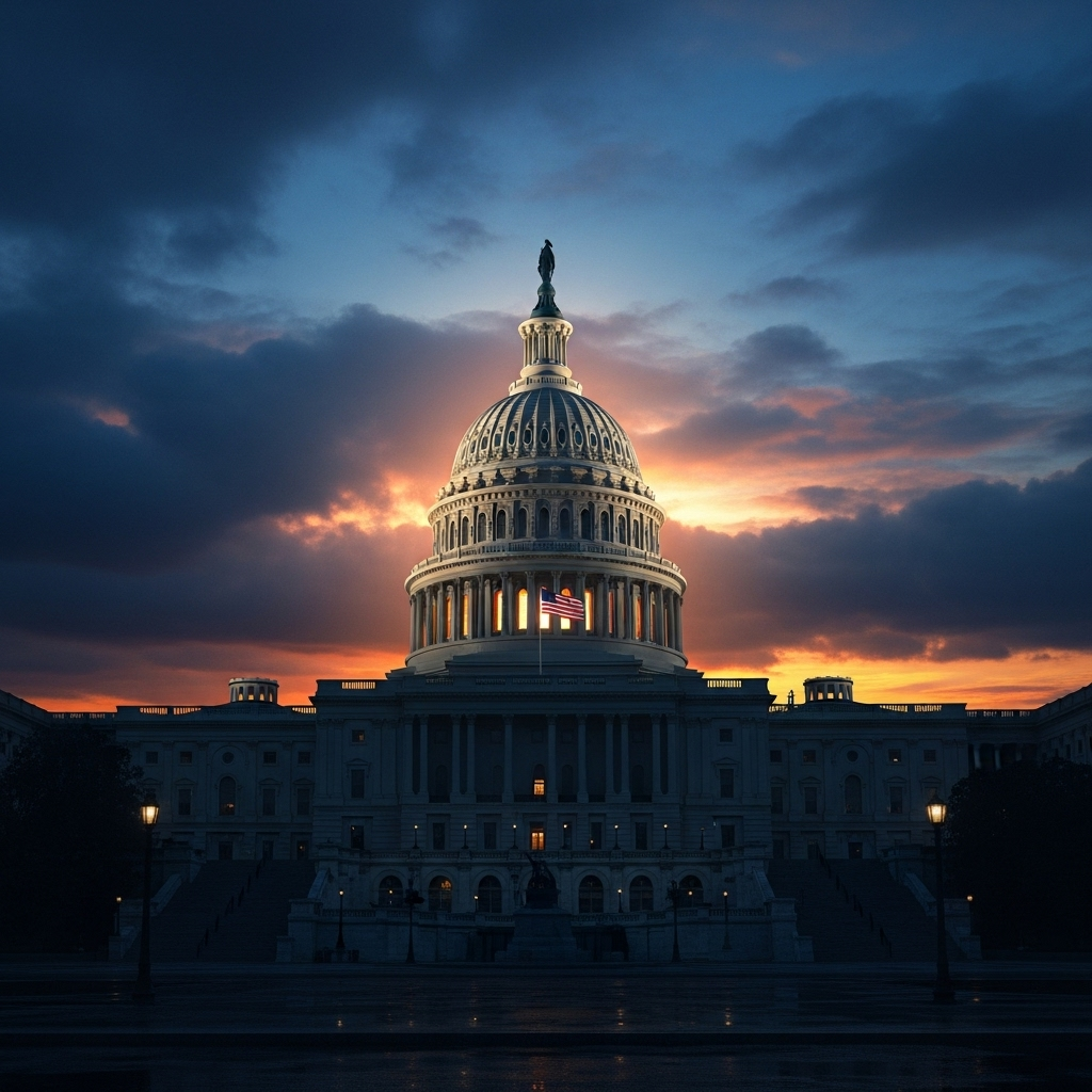 US support for capitalism at 59% hits new Gallup low 4 The US Capitol Building at dusk, symbolizing the political debate over the future of US support for its economic systems.