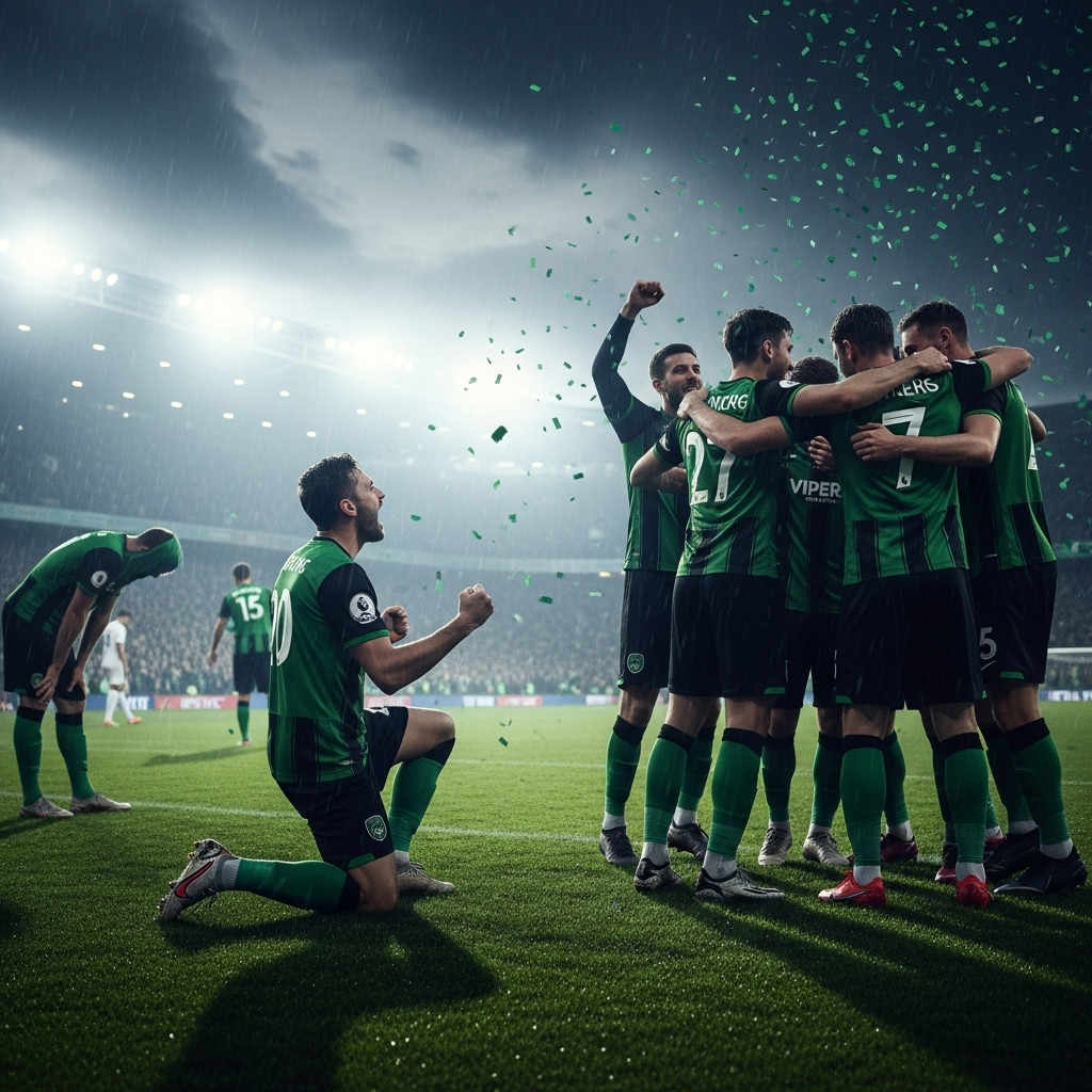 Stunning Victory: 1 Bizarre Penalty Sinks Broncos at 0:00 2 The visiting Vipers celebrate their stunning victory after the final penalty kick.