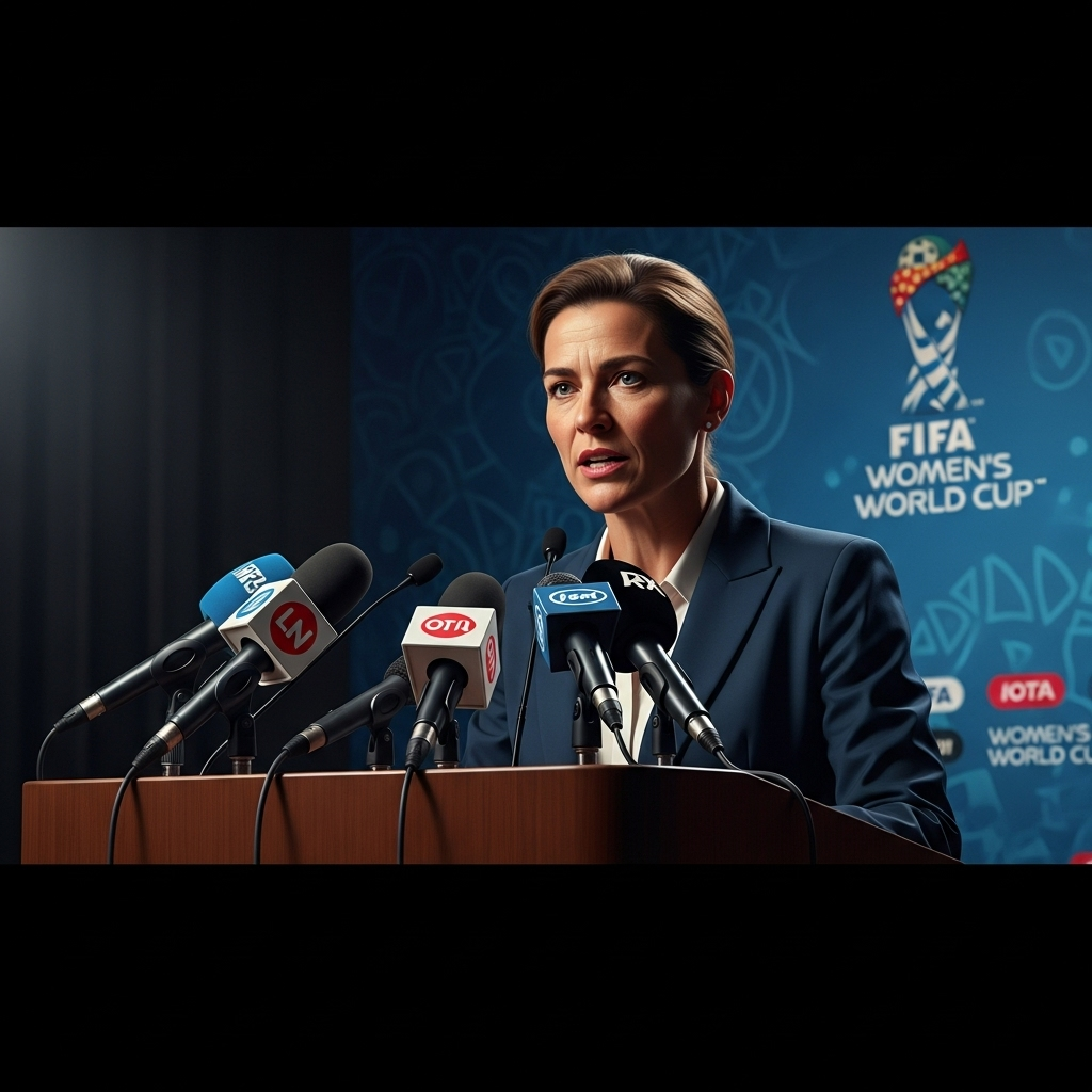Women's World Cup Director Defends 13-0 Tournament Score 2 The Women's World Cup director, Anja Schmidt, speaking at a press conference podium.