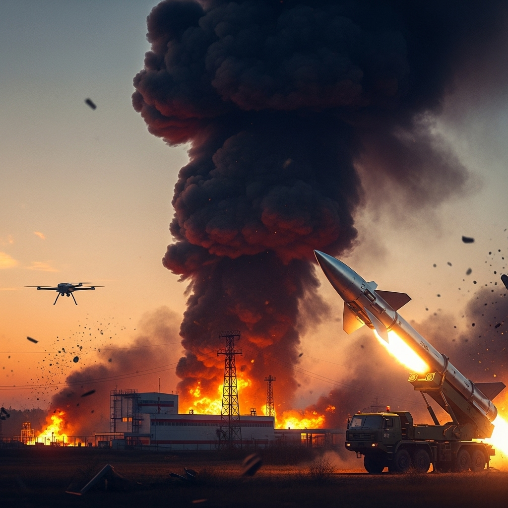 Hypersonic Missile: Russia Tests 1 as Ukraine Strikes Oil 4 Thick black smoke rising from a Russian oil facility after a Ukrainian drone strike, a contrast to the high-tech hypersonic missile.