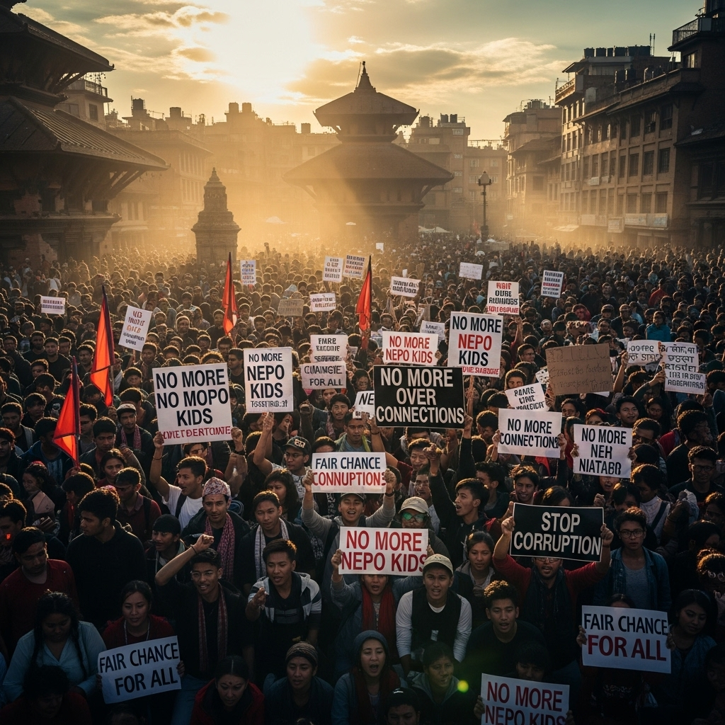 Nepo Kids: 19 Dead, Nepal Ministers Resign Amid Youth Anger 3 Thousands of young protestors in Kathmandu holding signs against the corrupt culture of nepo kids in Nepal.